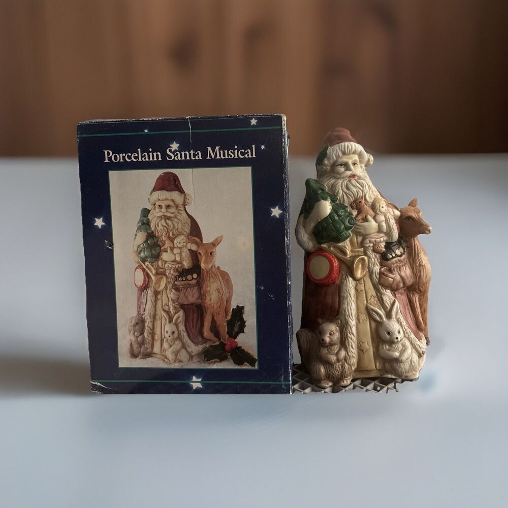 Porcelain Santa Musical Figurine w/ Original Box Vintage Christmas Decor